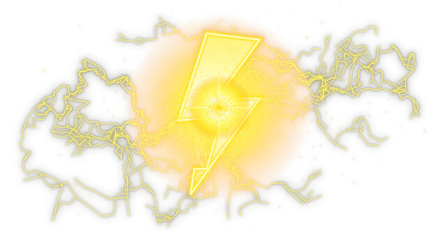 Glowing yellow electric lightning bolt icon with energy discharge effect isolated on transparent background transparent background