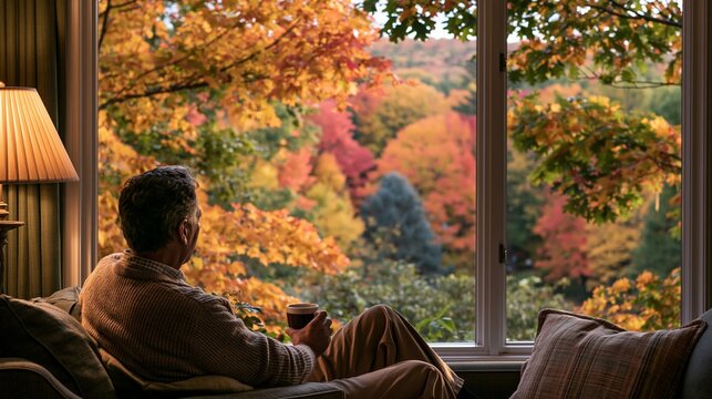 a couch, facing a large window that offers a panoramic view of a forested area during autumn. He holds a cup of coffee in his lap and wears a textured sweater and trousers.