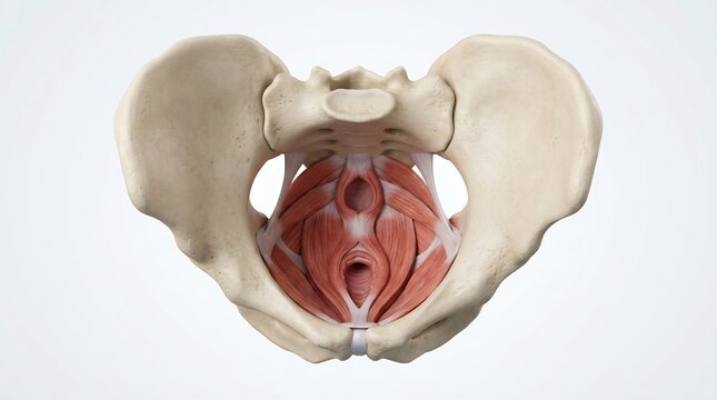 Pelvic diaphragm anatomy 3d render showing interior view of human pelvis and levator ani muscle groups.