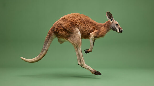 Profile view of a large red kangaroo jumping dynamically with powerful legs mid air