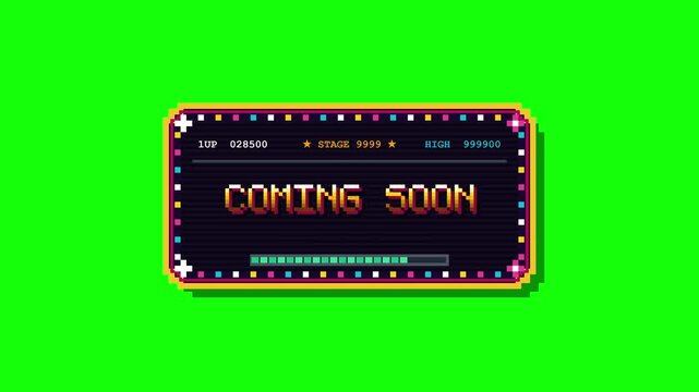 Retro pixel art coming soon arcade banners on green screen