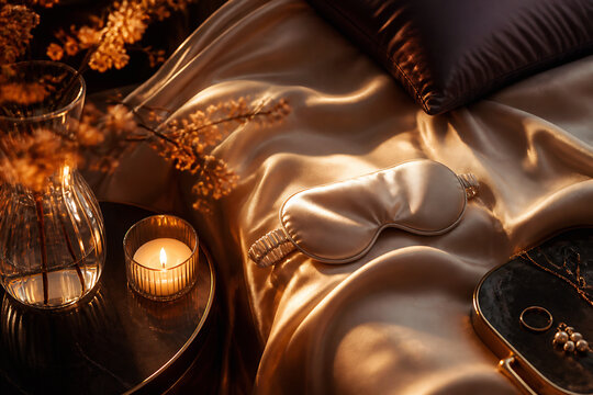 A satin-draped bed with a silk sleep mask and a lit candle on a bedside table creates a luxurious, intimate atmosphere.