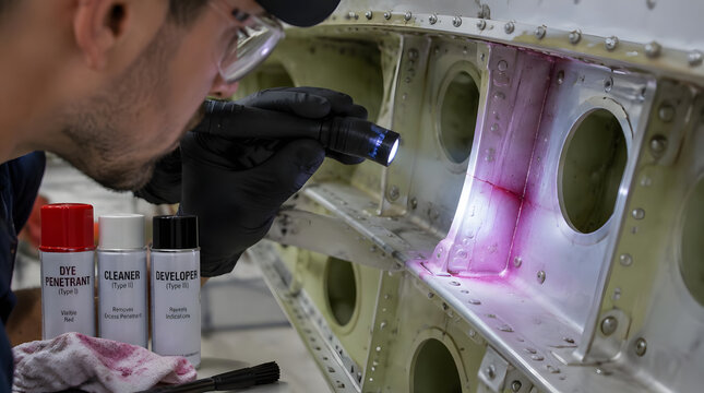 Aviation technician performing a dye penetrant inspection on an aircraft component.