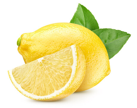 Organic lemon with slice and leaf close up. Taste yellow lemon whole and slice isolated on white background with clipping path. Professional food photography