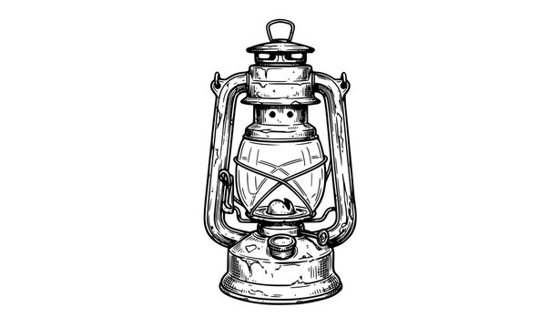 Vintage kerosene lantern weathered hand drawn engraving illustration antique oil lamp camping design