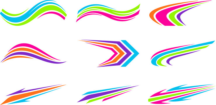 Colorful speed lines vector set. Includes dynamic racing stripes, curved arrows, and motion waves. Vibrant modern graphics for sports branding, automotive decals, and fast movement themes.