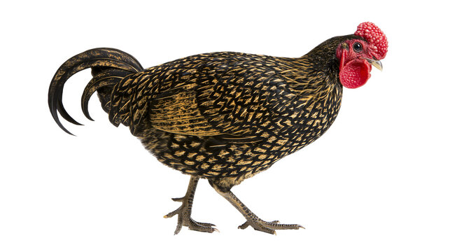 Black and gold speckled Sebright bantam rooster with bright red comb and wattles