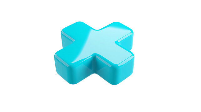 Glossy cyan blue 3D plus sign symbol with rounded edges