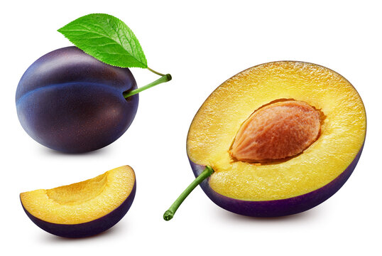 Plum collection. Fresh organic Plum with leaves isolated on white background. Plum with clipping path