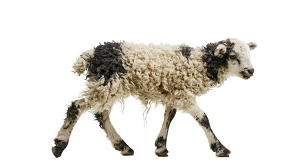 Young black and white spotted lamb with curly wool walking © Aisling