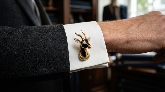 Elegant gold buck cufflink on formal shirt sleeve