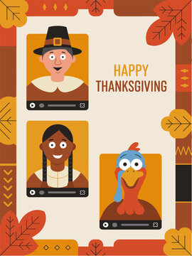 Happy Thanksgiving Virtual Call Greeting Card Poster with Pilgrim Native American and Funny Turkey Online Video Icons