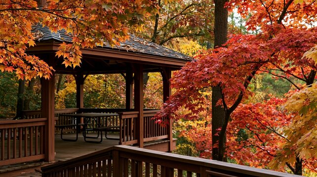 a serene autumn scene depicts a wooden gazebo with a dark roof nestled among a dense forest. The leaves are a mix of vibrant reds, oranges, and yellows.