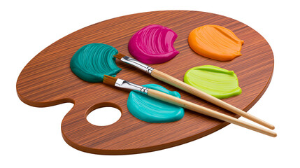 Wooden artists palette with colorful oil paint blobs and two wooden paintbrushes