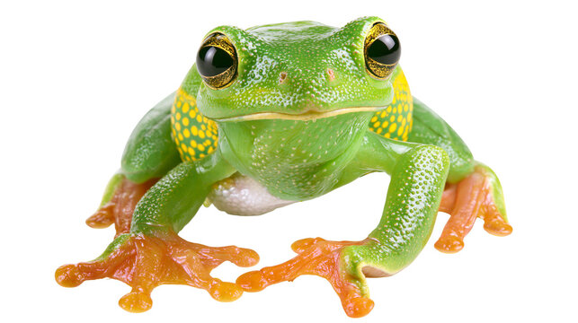 Bright green tree frog with yellow spotted flanks and orange webbed feet
