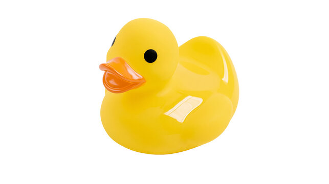 Bright yellow rubber duck toy with orange beak and black eyes