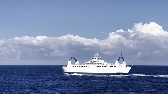 White Ferry Ship Sailing on the Deep Blue Ocean