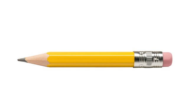 Yellow wooden pencil with sharpened graphite tip and pink rubber eraser