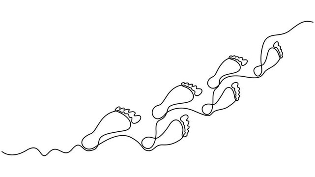 Video. Footprint of a path of barefoot human feet in simple linear style, Animated self drawing of continuous line draw of Footprint and bare foot   Full length one line animation. 4k, Walking Trail,