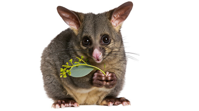 Common brushtail possum holding a small green eucalyptus branch with leaves
