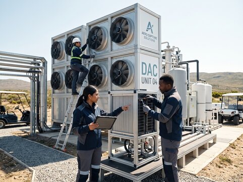 Three technicians in safety gear inspect a large Direct Air Capture industrial unit with massive fans outdoors.