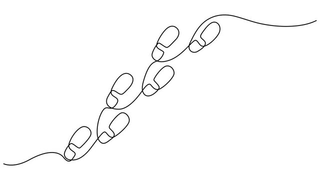 Video. Footprint of a path of barefoot human feet in simple linear style, Animated self drawing of continuous line draw of Footprint and bare foot   Full length one line animation. 4k, Walking Trail,