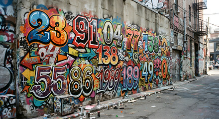 Obraz premium Colorful urban street art brick wall with vibrant glowing graffiti numbers and abstract spray paint drips in an alleyway