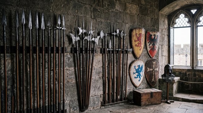 medieval pole weapons and decorative shields displayed on a stone wall