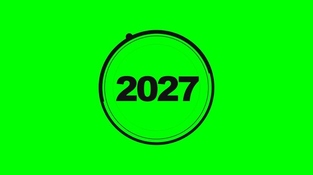 Large animated circular ring with the year 2027 centered inside, designed as a clean fullscreen chroma-key motion graphic for annual transitions, New Year content, business presentations, technology a