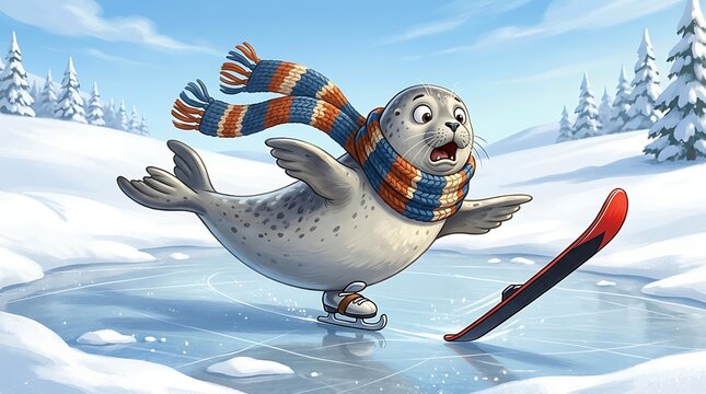 Funny seal ice skating clumsily for winter sports comedy scene