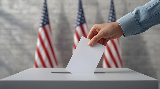 Hand inserting a voting ballot paper into a box during United States presidential election with USA flags in the background
