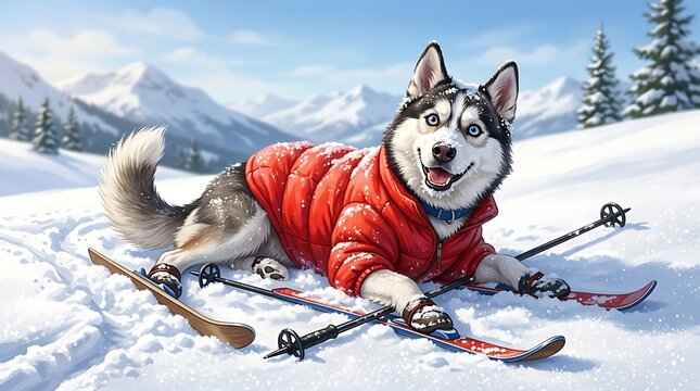 Funny husky dog in red puffer jacket lying on skis in the snow
