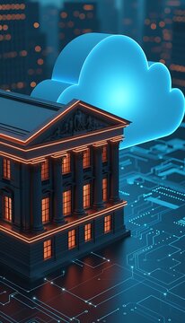 3D render of a classical bank building integrated with a glowing blue cloud computing symbol