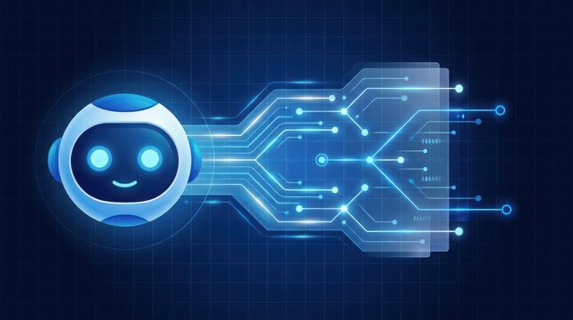 Futuristic robot head connected to glowing digital circuit board design