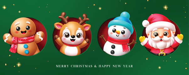 Fototapeta premium Merry Christmas and Happy New Year banner clipart design featuring cute gingerbread man, reindeer, snowman and Santa Claus, and modern typography in circular frames on green background.