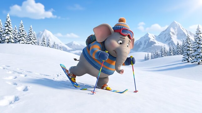 Funny cartoon elephant skiing on a snowy mountain for winter comedy