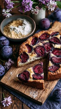 a freshly baked tart with a goldenbrown crust and a creamy filling. The tart is garnished with sliced plums arranged in a circular pattern. The plums are a deep purple color and have a glossy sheen.