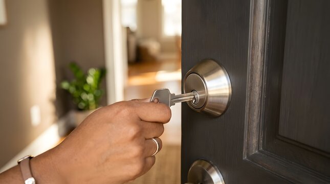 Person inserting metal key into deadbolt lock on dark wooden entry door