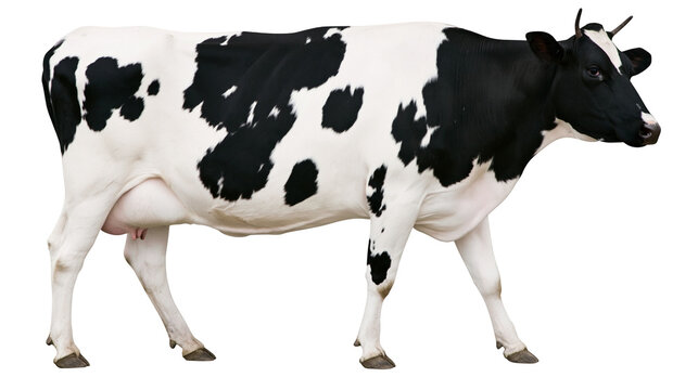 Black and white Holstein dairy cow standing in profile