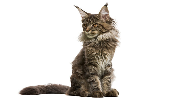 Fluffy brown tabby Maine Coon cat sitting and looking to the side