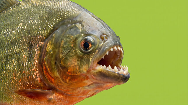 Macro shot of an aggressive piranha fish displaying sharp triangular teeth and shiny scales