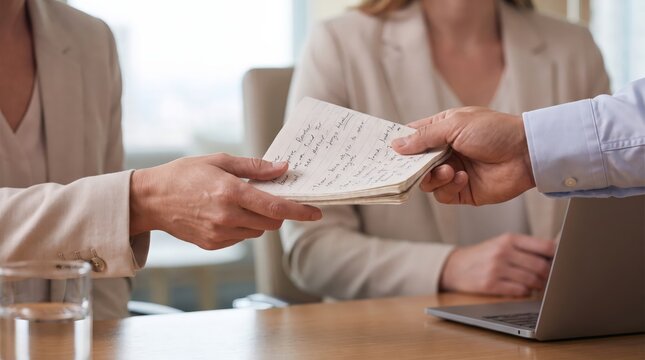 Hands exchanging handwritten business notes