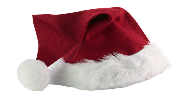 Red felt Santa Claus hat with white fluffy fur trim and pompom