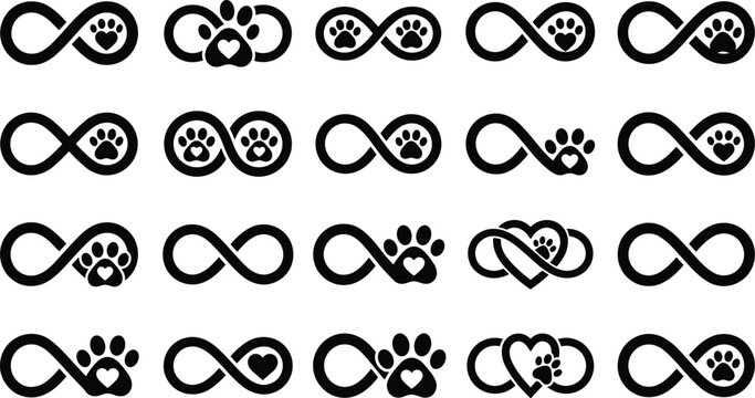 Infinity symbol with paw heart icons for pet lovers