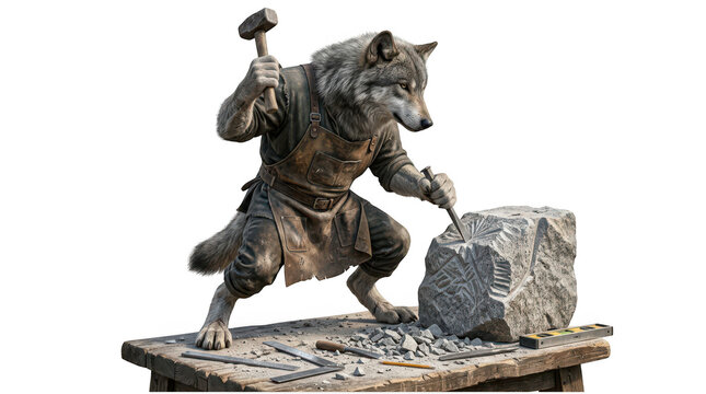 Anthropomorphic wolf stone carver wearing a leather apron using hammer and chisel on a stone block isolated on white background transparent background