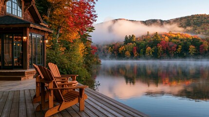 Fototapeta premium a serene lakeside scene during autumn. A wooden cabin with large glass windows and a dark roof sits on a wooden deck overlooking a calm lake. Two wooden Adirondack chairs are positioned on the deck.
