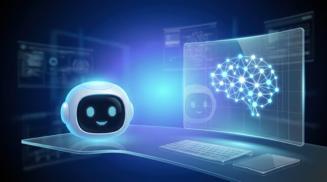 Futuristic robot next to computer displaying illuminated brain network design