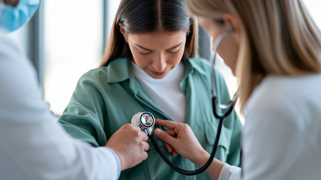 Young adult man receiving a routine chest examination from a doctor using a stethoscope, primary healthcare, preventive medicine, medical consultation, professional clinic,
