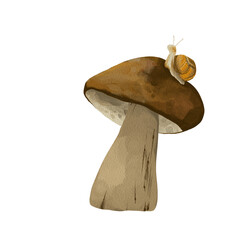 Watercolor mushroom with a cute snail isolated on transparent background © Toshka