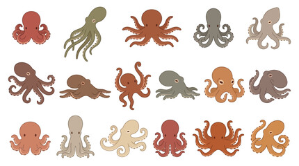 Obraz premium Set of various colorful cartoon octopuses in different poses isolated on white background.